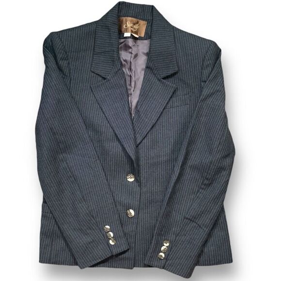 Vintage 80s Wool Pinstripe Blazer Jacket Dark Gray Oversized Structured Size 6 - Picture 6 of 12